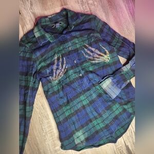 Upcycled Lands' End Navy Blue and Dark Green Casual Button Down With Skull Hands